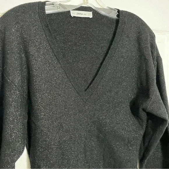 ZARA KNIT Black Gold Glitter V-neck Long sleeve Body Suite | size small - Picture 2 of 8